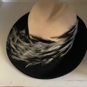 Felt two tone cream and black Mr Charles feathered vintage hat